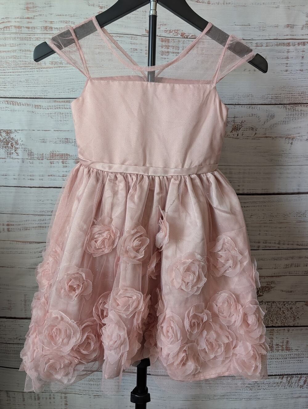 Blush Pink Party Dress Girls 6X 3D Floral Rosette Glitter Tulle Princess Gala